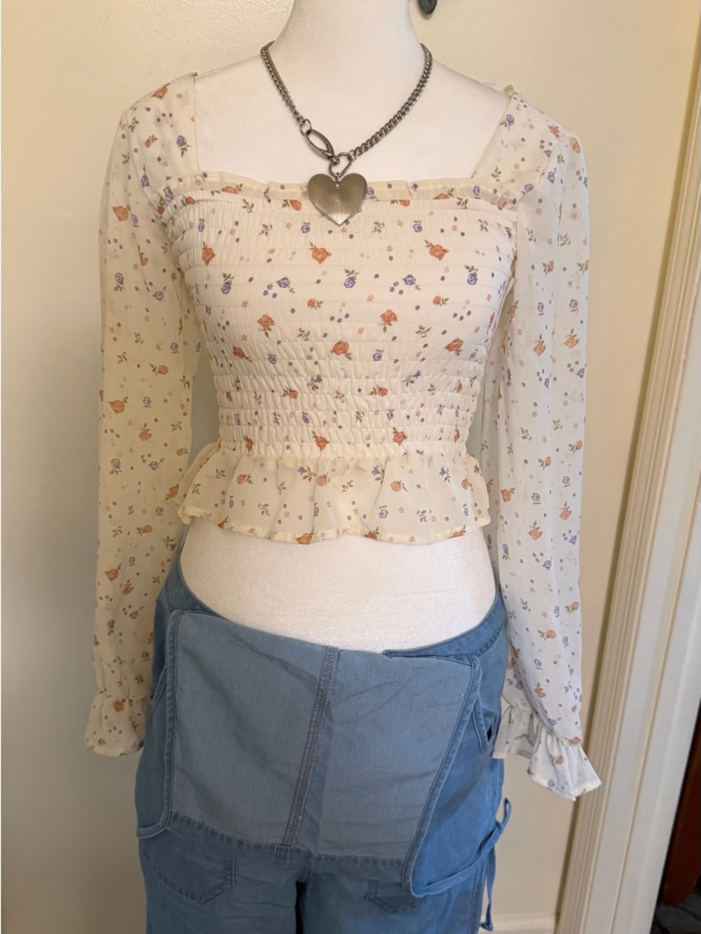 Smocked Square-Neck Floral Peplum Top